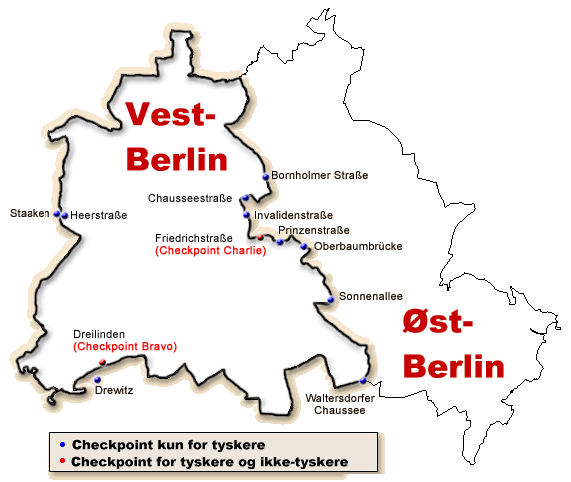 Kort over checkpoints mellem Øst- og Vest-Berlin